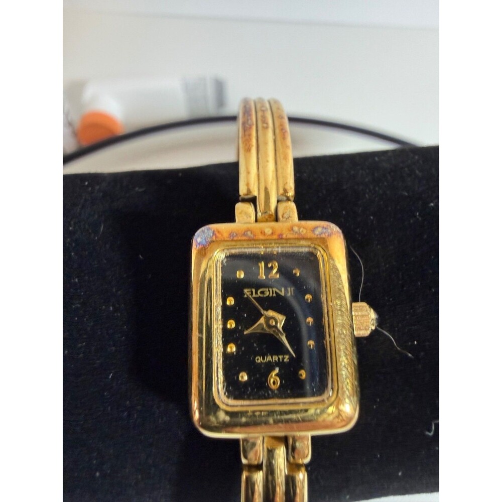 Elgin II Womens Vintage Quartz Gold-Tone Watch With Rectangular Black Dial & Hin